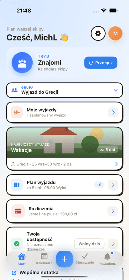 Pulpit TogetherPlan z najbliższym wyjazdem, planem dnia i saldem rozliczeń